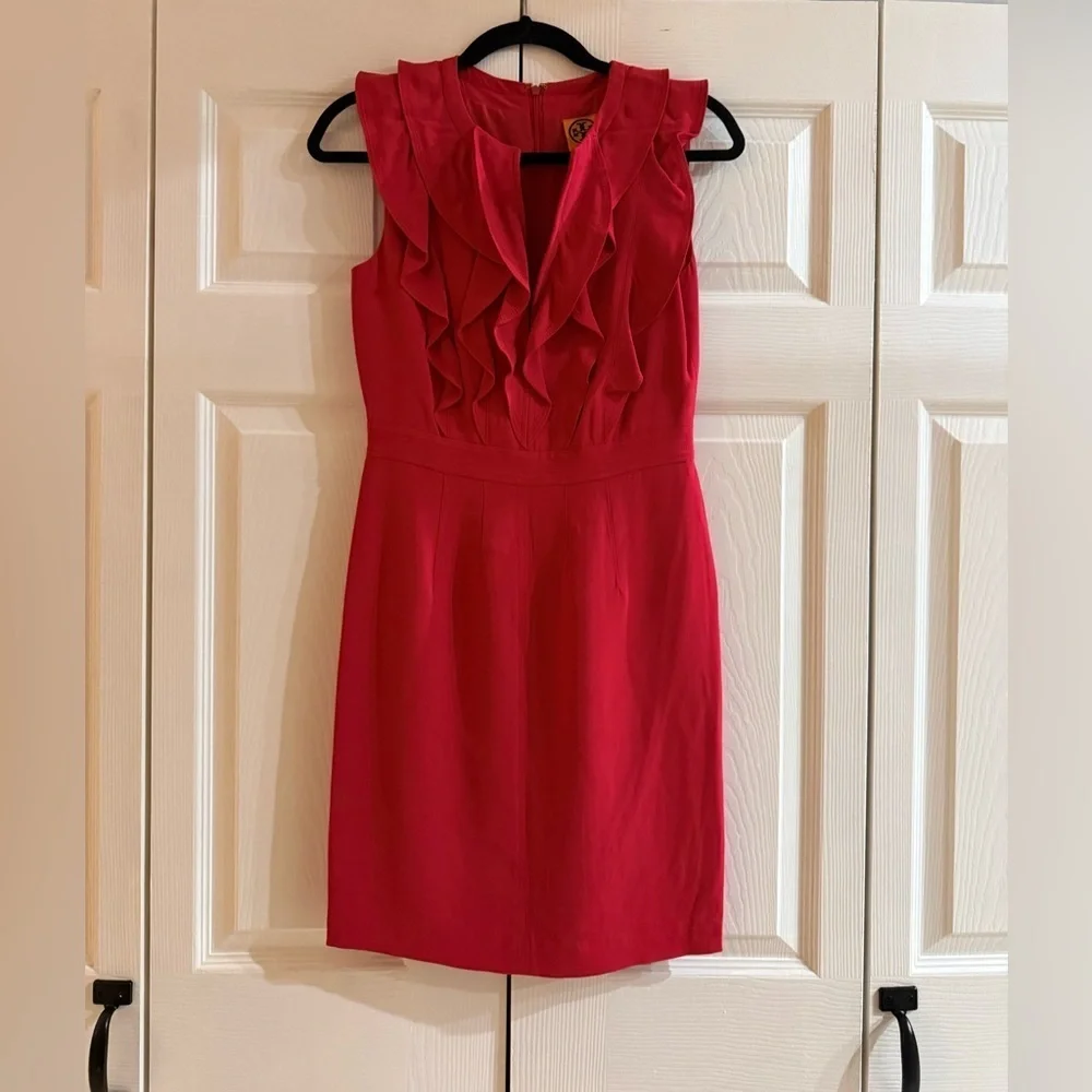 Tory Burch Raeca Dress Russian Red Silk Ruffle Sheath Size 2 Like New